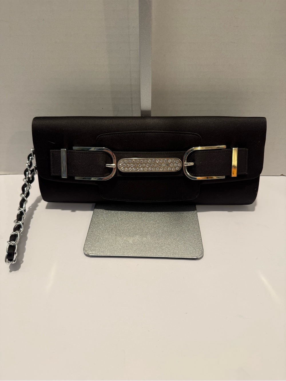 Black Satin Clutch with Chain and Crystal Accent